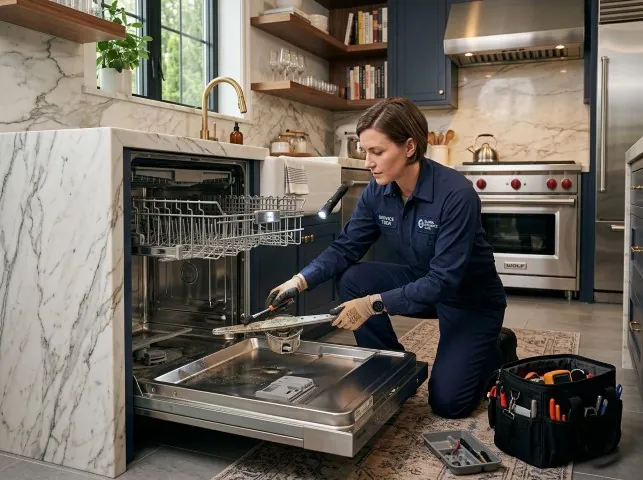 Appliance Repair Hero technician servicing a built-in dishwasher in a Bristol, CT kitchen